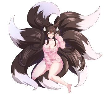 1girl absurdres alternate_breast_size_(larger) animal_ear_fluff animal_ears bare_shoulders barefoot between_legs blush breasts brown_hair collarbone commentary commission english_commentary fox_ears green_eyes hand_between_legs highres kitsune large_breasts long_sleeves maru.selinn multiple_tails original pink_sweater ribbed_sweater solo sweater tail thighs