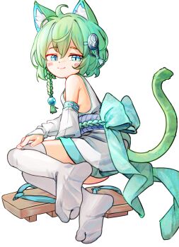 1girl animal_ears blue_eyes cat_ears cat_girl cat_tail chaosexceed closed_mouth commentary detached_sleeves english_commentary full_body highres no_shoes original paid_reward_available sandals short_hair simple_background smile soles solo tabi tail thighhighs unworn_sandals white_background white_sleeves white_thighhighs zouri