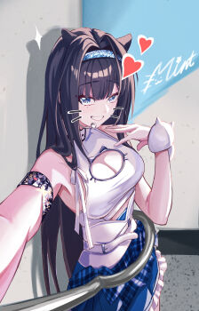 1girl absurdres black_hair blue_eyes blue_headband blue_skirt breasts cat_ornament clothing_cutout commentary dabrew drawn_whiskers fish_hair_ornament goddess_of_victory:_nikke hair_ornament hairband headband headset heart highres large_breasts long_hair looking_at_viewer mint_(nikke) open_mouth outstretched_arm shirt skirt sleeveless smile solo white_shirt