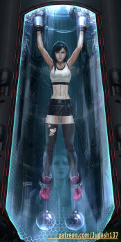 1girl armpits arms_up bare_arms bare_shoulders bdsm black_hair bondage bound breasts cleavage clenched_hands collarbone colored_skin fantasy final_fantasy final_fantasy_vii final_fantasy_vii_remake highres jewelry judash137 large_breasts long_hair looking_at_viewer machine midriff miniskirt navel open_mouth parted_lips pleated_skirt ponytail red_eyes scarlet_(ff7) shiny_skin skirt solo square_enix tank_top thighhighs thighs tifa_lockhart toned very_long_hair white_skin