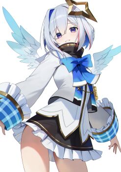 1girl aiguillette amane_kanata amane_kanata_(1st_costume) angel_wings armband black_skirt blue_bow blue_bowtie blue_hair blue_wings bob_cut bow bowtie colored_inner_hair commentary_request contrapposto cowboy_shot cropped_jacket feathered_wings frilled_skirt frills gradient_wings grey_hair grey_jacket halo highres hololive jacket long_sleeves looking_at_viewer melreon mini_wings miniskirt multicolored_hair multicolored_wings pink_streaks purple_eyes sailor_collar shirt short_hair simple_background single_hair_intake skirt sleeves_past_wrists solo star_halo streaked_hair tilted_halo turtleneck virtual_youtuber white_background white_sailor_collar white_shirt white_wings wings