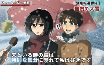 !? 1boy 1girl bad_id bad_twitter_id black_eyes black_hair blush brown_hair eren_yeager green_eyes holding husband_and_wife interview jacket meme microphone mikasa_ackerman nenenene1109 open_mouth parody scarf shared_umbrella shingeki_no_kyojin snow snowing special_feeling_(meme) translated tree umbrella