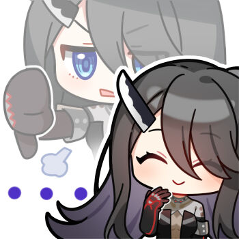 Rule 34 | 1girl, artist request, black hair, blue eyes, chibi, chibi only, closed eyes, different zoom layer, false smile, girls' frontline, girls' frontline 2: exilium, highres, horns, long hair, official art, phaetusa (girls' frontline 2), second-party source, single horn, smile, solo, thumbs down