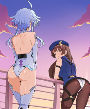 2girls ass bare_shoulders beret blue_hair brown_hair c-sha choujigen_game_neptune compile_heart dress elbow_gloves from_behind gloves green_eyes hat highres idea_factory leaning leaning_forward leotard long_hair multiple_girls neptune_(series) panties panties_over_pantyhose pantyhose short_dress short_hair_with_long_locks smile thighhighs underwear very_long_hair white_heart_(neptunia) zatsu