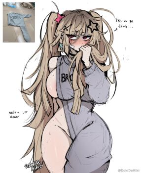1girl ass biting_hair blonde_hair breasts brooklyn brooklyn_sweater clenched_hands commentary dokidomiki embarrassed english_commentary english_text grey_sweater hair_ornament highres huge_ass huge_breasts long_hair meme miki_(dokidomiki) original reference_inset sideboob sideboob_cutout simple_background sweater thick_thighs thighs very_long_hair white_background