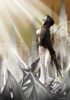 1girl absurdres axe bandaged_leg bandages black_cape blurry blurry_background blurry_foreground breasts cape code_vein commentary depth_of_field dress female_focus from_side grey_hair hair_between_eyes highres holding holding_axe hood hood_up hooded_cape io_(code_vein) liyou-ryon looking_away looking_up medium_breasts profile signature solo standing white_dress yellow_eyes