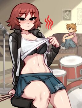 1boy 1girl artist_name black_bra black_eyes black_jacket blush blushyspicy bra clothes_lift collarbone couch drum drumsticks from_side frown green_skirt highres indoors instrument jacket kim_pine knees_up looking_at_viewer miniskirt navel open_clothes open_jacket orange_hair pants red_hair scott_pilgrim scott_pilgrim_(series) shiny_skin shirt shirt_lift short_hair sitting skirt solo_focus stairs stomach sweat underwear white_jacket white_shirt
