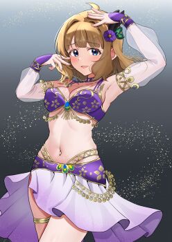 1girl aged_up alternate_costume arabian_clothes arm_up blue_eyes blush breasts brown_hair choker commentary_request cosplay dancer detached_sleeves harem_outfit highres idolmaster idolmaster_million_live! idolmaster_million_live!_theater_days looking_at_viewer navel open_mouth purple_choker purple_skirt see-through_clothes see-through_sleeves short_hair skirt solo suou_momoko tanukiinu005 thigh_strap tokoro_megumi tokoro_megumi_(cosplay) tokoro_megumi_(thousand_arabian)