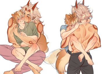 2boys animal_ears arataki_itto arms_around_neck bare_legs barefoot blue_eyes blue_shirt blush body_markings brown_hair carrying carrying_person commentary crossed_bangs crossed_legs dog_boy dog_ears dog_tail earrings english_commentary face_in_neck genshin_impact gorou_(genshin_impact) green_hoodie hair_between_eyes hair_up half-closed_eyes hanamirru hand_on_another's_shoulder highres hood hoodie horns hug jewelry kiss kissing_cheek leg_lock long_hair male_focus multicolored_hair multiple_boys muscular muscular_male no_shirt one_eye_closed oni oversized_clothes oversized_shirt pointy_ears red_eyes red_horns shirt short_hair sitting sitting_on_lap sitting_on_person standing standing_leg_lock streaked_hair tail tail_wagging white_background white_hair yaoi