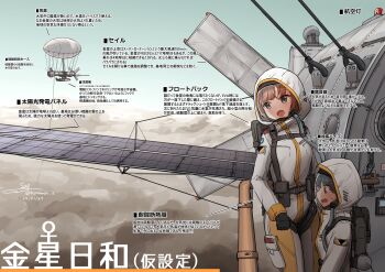 1girl 2girls absurdres aircraft airship black_hair blue_eyes blue_hair bodysuit brown_eyes cloud dirigible flying highres multiple_girls original science_fiction short_hair sky solar_panel space spacesuit teisei_misagi translation_request venus_(planet)