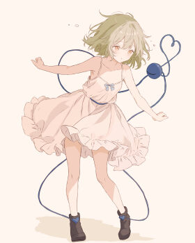 1girl a-pose absurdres alternate_costume ankle_boots black_boots blue_bow boots bow collarbone commentary_request dress frilled_dress frills full_body green_hair heart heart_of_string highres iris-san komeiji_koishi medium_hair outstretched_arms simple_background sleeveless sleeveless_dress solo spaghetti_strap spread_arms squeans standing sundress third_eye touhou white_background white_dress