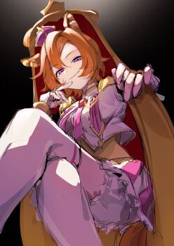 1girl amano_(amano_miko) animal_ears breasts crown hair_between_eyes highres horse_ears horse_girl horse_tail looking_at_viewer mini_crown orange_hair parted_lips purple_eyes short_hair sitting sketch smile solo t.m._opera_o_(o_sole_suo!)_(umamusume) t.m._opera_o_(umamusume) tail thighhighs thighs umamusume upper_body