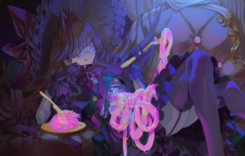 1girl alicetarrandalf black_dress black_gloves black_hair black_hat black_thighhighs blue_eyes commentary dress eyeball fork garter_straps gloves hair_intakes hat heart_(organ) highres holding holding_fork hololive hololive_english intestines knife large_hat long_hair ouro_kronii plate solo symbol-only_commentary thighhighs tongue tongue_out virtual_youtuber what