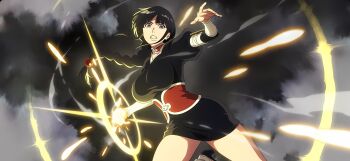 1girl aura bandages black_background black_hair bleach bleach:_brave_souls bleach:_sennen_kessen-hen blue_eyes blunt_bangs braid braided_ponytail breasts choker clenched_teeth cloud cowboy_shot curvy dynamic_pose energy feet_out_of_frame female_focus fighting_stance hair_bobbles hair_ornament hair_tie high_heels highres japanese_clothes kimono kurotsuchi_nemu large_breasts light_particles long_hair long_image obi official_art ponytail puffy_sleeves red_choker sash serious shihakusho short_kimono sidelocks simple_background smoke solo solo_focus teeth thighs third-party_source wide_image