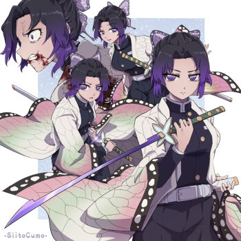 1girl animal_print artist_name bug butterfly butterfly_hair_ornament butterfly_print checkered_haori demon_slayer_uniform gradient_hair hair_ornament haori highres holding holding_sword holding_weapon insect japanese_clothes katana kimetsu_no_yaiba kochou_shinobu multicolored_hair print_haori purple_butterfly signature siito_cumo sword weapon