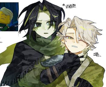 Rule 34 | 2boys, animification, armor, black eyes, black gloves, black hair, blonde hair, chinese commentary, chinese text, colored inner hair, colored mouth, commentary request, dougi, eyes visible through hair, fingerless gloves, gloves, green dougi, green eyes, green hair, green scarf, hand around neck, hand on another's neck, hand up, heterochromia, kouen (xinjinjumin9426886), lloyd garmadon, long sleeves, looking at viewer, male focus, morro, multicolored hair, multiple boys, ninjago, one eye closed, pale skin, parted bangs, pauldrons, reference inset, scarf, scene reference, screenshot inset, short hair, shoulder armor, simple background, single pauldron, the lego group, translation request, upper body, white background