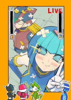 1girl 5boys :&gt; absurdres android baby_animal back bandages bird black_eyes blonde_hair blue_eyes blush chick clapping closed_mouth crying crying_with_eyes_open cyber_elf_x_(mega_man) dizzy fairy_leviathan_(mega_man) fighting_fefnir_(mega_man) framed gloves health_bar helmet hidden_phantom_(mega_man) highres livestream looking_at_viewer mega_man_(series) mega_man_zero_(series) moskau999 multiple_boys outside_border robot robot_girl sage_harpuia_(mega_man) standing star_(symbol) tears upper_body v white_eyes white_gloves x_(mega_man) zero(z)_(mega_man) zero_(mega_man)