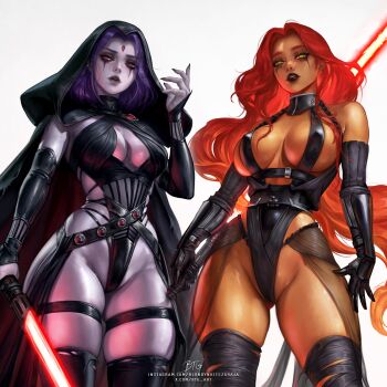 2girls bare_shoulders black_cape black_gloves black_leotard black_lips black_nails black_thighhighs blondynkitezgraja breasts cape cleavage cloak colored_skin commentary dark-skinned_female dark_skin dc_comics elbow_gloves energy_sword english_commentary facial_mark forehead_jewel gloves gluteal_fold grey_skin highleg highleg_leotard highres holding holding_sword holding_weapon hood hooded_cape hooded_cloak large_breasts leotard lightsaber long_hair looking_at_viewer multiple_girls orange_hair orange_skin parted_lips patreon_username purple_hair purple_skin raven_(dc) red_eyes red_hair short_hair signature simple_background skindentation starfire sword teen_titans thick_thighs thigh_strap thighhighs thighs torn_clothes very_long_hair watermark weapon web_address white_background yellow_eyes