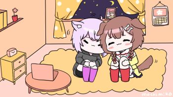 2girls animal_ears bone_hair_ornament bow braid brown_hair calendar_(object) carpet cartoon_bone cat_ears chibi commentary_request computer crescent curtains dog_ears dog_girl dog_tail dress grey_hoodie hair_bow hair_ornament hair_over_shoulder hololive hood hood_down hoodie hugging_own_legs indoors inugami_korone inugami_korone_(1st_costume) jacket knees_up laptop long_hair low_twintails mochimiko multiple_girls nekomata_okayu nekomata_okayu_(1st_costume) night night_sky off_shoulder open_clothes open_jacket pink_socks purple_hair red_bow red_socks signature sitting sky socks star_(symbol) table tail twin_braids twintails virtual_youtuber white_dress yellow_jacket