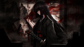 1girl absurdres badnick69_(camchi) black_hair black_kimono blood blood_on_hands closed_mouth commentary_request from_side highres japanese_clothes katana kimono korean_commentary limbus_company long_sleeves looking_at_viewer obi obijime project_moon red_eyes red_sash ryoshu_(project_moon) sash sheath sheathed solo sword weapon wide_sleeves