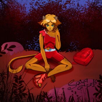 animal_ears backpack bad_tag bag cat_ears cat_girl cat_tail clover_(totally_spies) furry furry_female helmet on_ground sitting tail the-saya torn_clothes totally_spies