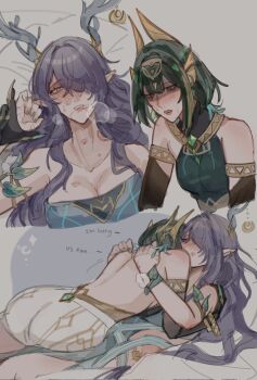 2girls antlers bare_shoulders bite_mark bite_mark_on_neck black_gloves blue_dress blush breasts cleavage commentary dress elbow_gloves english_commentary eni_(enidaisy69) genshin_impact gloves green_hair grey_background highres horns large_breasts lauma_(genshin_impact) lipstick_mark lipstick_mark_on_face lipstick_mark_on_neck long_hair medium_hair multiple_girls nefer_(genshin_impact) parted_lips pointy_ears purple_eyes shoulder_blush simple_background skirt sweat white_skirt yuri