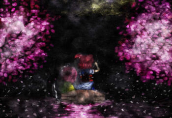 Rule 34 | 2girls, boat, cherry blossoms, death, female focus, ghost, heida no akyuu, hieda no akyuu, multiple girls, onozuka komachi, perfect memento in strict sense, river, touhou, water, watercraft