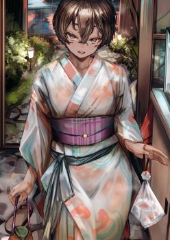1girl absurdres bag bagged_fish brown_eyes brown_hair cobblestone cowboy_shot crossed_bangs dark-skinned_female dark_skin female_pubic_hair fish geta hair_between_eyes head_tilt highres japanese_clothes kimono kinchaku lantern no_panties obi obijime open_mouth original outdoors pixie_cut pouch pubic_hair rain sandals sash see-through_clothes see-through_kimono short_hair sidelocks smile soleil_(soleilmtfbwy03) solo standing teeth tomboy tsurime unworn_sandals upper_teeth_only wet wet_clothes yukata