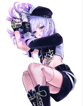 Rule 34 | 1girl, belt, beret, black belt, black hat, black jacket, black skirt, butterfly ornament, commentary request, cowboy shot, ear piercing, fingerless gloves, fingernails, fishnet thighhighs, fishnets, gloves, hat, highres, holding, holding microphone, jacket, long hair, looking at viewer, microphone, midriff, miniskirt, mob hz, mole, mole under eye, multiple moles, nail polish, parted lips, piercing, purple eyes, purple hair, purple nails, rk music, simple background, single fingerless glove, single sleeve, skirt, solo, textless version, thighhighs, virtual youtuber, white background, wispy bangs, xiden