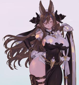 1girl absurdres animal_ears black_dress blue_background blue_hair breasts brown_hair closed_eyes closed_mouth commentary dress english_commentary galleon_(granblue_fantasy) gloves gradient_background granblue_fantasy hair_between_eyes hand_on_own_hip highres large_breasts long_hair multicolored_hair pointy_ears purple_background solo thighs two-tone_background two-tone_hair white_gloves yiiande