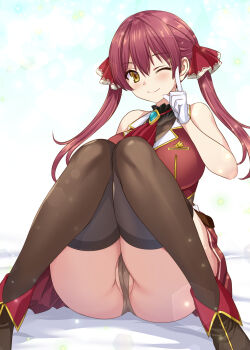 1girl ascot bare_shoulders blush breasts brooch brown_leotard brown_thighhighs cameltoe commentary_request cropped_vest gloves hair_ribbon highres hololive houshou_marine index_finger_raised jewelry large_breasts leotard leotard_under_clothes long_hair looking_at_viewer mitarashi_kousei one_eye_closed red_hair red_skirt red_vest ribbon sitting skirt smile solo thighhighs twintails vest virtual_youtuber yellow_eyes