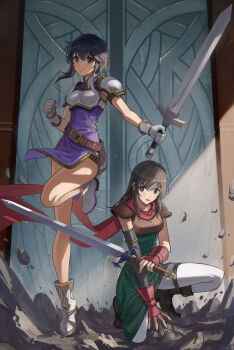 2girls absurdres armor belt black_hair boots breastplate commentary_request dress earrings fingerless_gloves fire_emblem fire_emblem:_genealogy_of_the_holy_war fire_emblem:_thracia_776 fire_emblem_heroes gloves highres holding holding_sword holding_weapon imageprogram_(kent) jewelry larcei_(fire_emblem) looking_at_viewer mareeta_(fire_emblem) medium_hair multiple_girls nintendo revision scarf short_hair squatting standing standing_on_one_leg sword thighs weapon