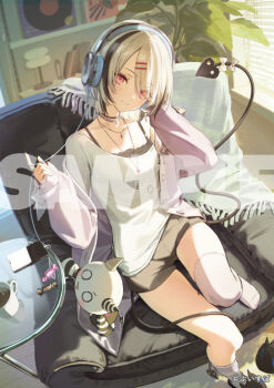 1girl asumi_sena asumi_sena_(5th_costume) black_camisole black_hair black_shorts camisole candy cardigan cellphone chair choker closed_mouth coffee_mug commentary_request company_name copyright_notice couch cup demon_tail easy_chair food from_above glass_table hair_ornament hair_over_one_eye hairclip head_tilt headphones holding holding_unworn_clothes holding_unworn_scarf indoors jewelry looking_at_viewer loungewear medium_hair mug multicolored_hair necklace official_alternate_costume official_alternate_hairstyle official_art on_couch open_cardigan open_clothes over-kneehighs parallel_hairclips phone pink_eyes plant potted_plant purple_cardigan sample_watermark scarf shelf shirt short_shorts shorts single_over-kneehigh single_thighhigh sitting slippers smartphone smile socks solo spaghetti_strap streaked_hair striped_clothes striped_socks stuffed_toy swept_bangs table tail thighhighs unworn_scarf usuke_(u_skeeep) virtual_youtuber vspo! watermark white_hair white_shirt window_blinds wire