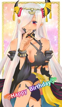 1girl asymmetrical_horns bare_shoulders breasts collarbone crossed_legs dark-skinned_female dark_skin dragon_girl finger_to_mouth fire_emblem fire_emblem_engage h_u_sss hair_ornament hair_over_one_eye happy_birthday highres horns large_breasts mature_female nintendo pointy_ears red_eyes ribbon tassel tassel_hair_ornament uneven_horns yellow_ribbon zelestia_(fire_emblem)