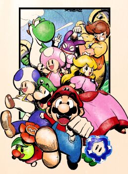 3girls animal_ears blonde_hair blue_overalls blue_toad_(mario) brothers brown_shoes colored_skin dress earrings facial_hair flower_earrings gloves green_hat green_skin hat highres jewelry looking_at_viewer luigi mario mario_(series) multiple_boys multiple_girls mustache nabbit nintendo open_mouth orange_dress overalls pink_dress prince_florian princess_daisy princess_peach rabbit_ears red_hat shoes siblings sphere_earrings super_mario_bros._wonder toad_(mario) toadette v we_can_do_it! white_gloves wonder_flower xtremexavier yoshi