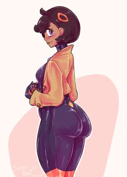 1girl ass black_hair bodysuit breasts dark-skinned_female dark_skin emma_(pokemon) from_behind gloves highres jacket lips long_sleeves looking_back nintendo pokemon pokemon_legends:_z-a purple_eyes short_hair superbunideluxe