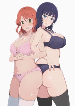2girls absurdres asaka_karin ass-to-ass bra breasts highres love_live! love_live!_nijigasaki_high_school_idol_club multiple_girls navel non-web_source panties pink_bra pink_hair pink_panties purple_bra purple_hair purple_panties simple_background thighhighs uehara_ayumu underwear underwear_only wewe white_background