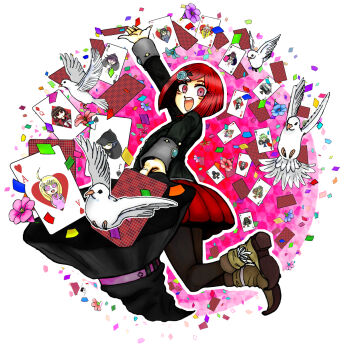 1girl ace_(playing_card) ace_of_clubs ace_of_hearts ace_of_spades akamatsu_kaede amami_rantaro arm_up bird black_hat black_jacket black_pantyhose blue_flower bob_cut boots card chabashira_tenko club_(shape) commentary_request confetti danganronpa_(series) danganronpa_v3:_killing_harmony dove eyelashes flower full_body gokuhara_gonta green_boots hair_ornament harukawa_maki hat heart highres holding holding_unworn_clothes holding_unworn_hat hoshi_ryoma iruma_miu jack_(playing_card) jack_of_clubs_(playing_card) jack_of_diamonds jack_of_hearts jack_of_spades jacket k1-b0 king_(playing_card) king_of_clubs king_of_diamonds king_of_hearts_(playing_card) king_of_spades long_sleeves momota_kaito oma_kokichi open_mouth outline outstretched_arm pantyhose pink_flower playing_card pointed_footwear purple_flower queen_(playing_card) queen_of_diamonds queen_of_hearts_(playing_card) red_eyes red_hair red_skirt saihara_shuichi shinguji_korekiyo shirogane_tsumugi short_hair skirt solo spade_(shape) teeth tojo_kirumi two_of_clubs two_of_spades tyashiv unworn_hat unworn_headwear upper_teeth_only white_outline witch_hat yonaga_angie yumeno_himiko