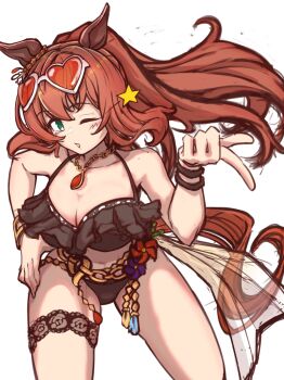 1girl animal_ears bikini black_bikini breasts brown_hair brown_tail chain chain_necklace cleavage commentary_request eyewear_on_head flova11 frilled_bikini frills gem gold_necklace green_eyes hand_on_own_hip heart heart-shaped_eyewear highres horse_ears horse_girl horse_tail jewelry large_breasts leaning_forward long_hair looking_at_viewer maruzensky_(hot_summer_night)_(umamusume) maruzensky_(umamusume) necklace official_alternate_costume official_alternate_hairstyle open_mouth orange-tinted_eyewear red_gemstone simple_background solo sunglasses swimsuit tail thigh_strap thighs tinted_eyewear umamusume white_background