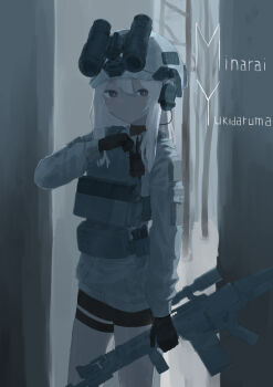 1girl bike_shorts black_gloves black_shorts character_name closed_mouth combat_helmet commentary english_commentary gloves grey_eyes gun helmet highres holding holding_gun holding_weapon load_bearing_vest long_sleeves looking_at_viewer magazine_(weapon) medium_hair military military_combat_uniform military_uniform minarai_yukidaruma night_vision_device original scope shorts solo thigh_strap weapon weapon_request white_hair