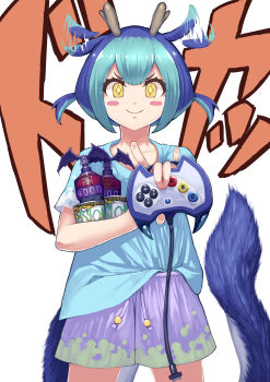 +_+ 1girl absurdres alternate_costume aqua_hair blue_hair blush_stickers controller cowboy_shot cup_ramen dragon_girl dragon_horns dragon_tail dragonmaid_(yu-gi-oh!) duel_monster enemy_controller flapping_ears game_controller highres holding holding_controller holding_game_controller horns instant_fusion laundry_dragonmaid multicolored_hair nutrient_z rari_(badominton) shirt_partially_tucked_in short_hair shorts smile solo standing tail yu-gi-oh!