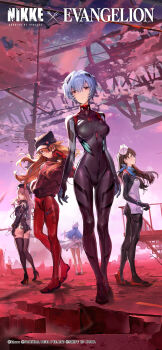 5girls absurdres animal_hat ass ayanami_rei beret black_bodysuit black_hat black_panties black_shirt black_skirt black_thighhighs blue_eyes blue_hair blue_scarf bodysuit bodysuit_under_clothes breasts brown_hair newsboy_cap cat_hat coat commentary crossover english_commentary evangelion:_3.0_you_can_(not)_redo eyepatch full_moon gluteal_fold goddess_of_victory:_nikke hair_between_eyes hat helm helm_(nikke) helmet high_heels highres interface_headset_(evangelion) jacket lance_of_longinus_(evangelion) large_breasts long_hair long_sleeves looking_at_viewer mecha_pilot_suit medium_breasts moon multiple_girls neon_genesis_evangelion official_art orange_hair panties pleated_skirt plugsuit_(evangelion) rapi_(nikke) rebuild_of_evangelion red_bodysuit red_eyes red_jacket scarf shirt short_hair skirt souryuu_asuka_langley standing suzuhara_sakura thighhighs underbutt underwear white_coat