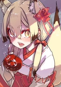 Rule 34 | 1girl, :d, animal ear fluff, animal ears, azuma sawayoshi, blonde hair, bow, brown eyes, commentary request, cup, fangs, fingernails, fox ears, fox girl, fox tail, grey background, hair between eyes, hair bow, hakama, hakama skirt, highres, holding, japanese clothes, kimono, long fingernails, long sleeves, looking at viewer, nail polish, open mouth, original, red bow, red hakama, red nails, sakazuki, skirt, slit pupils, smile, solo, tail, white kimono, wide sleeves