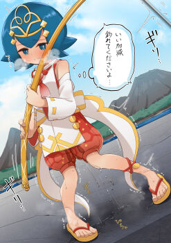 1girl absurdres bare_shoulders blue_eyes blue_hair blush detached_sleeves female_focus fishing fishing_line fishing_rod highres japanese_clothes lana_(new_year's_2026)_(pokemon) lana_(pokemon) loli mizuumi_(expanse_lake) nintendo outdoors pee peeing peeing_self pokemon pokemon_masters_ex pokemon_sm solo speech_bubble sweat thought_bubble toes translation_request trembling