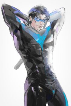 1boy arms_behind_head bara batman_(series) baton_(weapon) black_bodysuit black_hair blue_bodysuit bodysuit dc_comics dick_grayson highres koumikoumi69 large_pectorals male_focus multicolored_bodysuit muscular muscular_male nightwing pectorals short_hair simple_background solo superhero_costume two-tone_bodysuit weapon weapon_on_back white_background