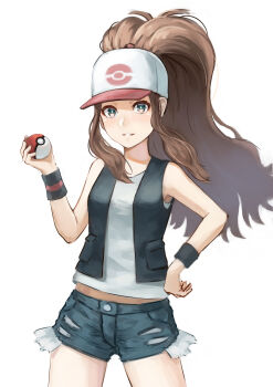 Rule 34 | 1girl, alkham, baseball cap, black vest, blue shorts, brown hair, hand on own hip, hat, highres, hilda (pokemon), holding, holding poke ball, looking at viewer, nintendo, parted lips, poke ball, poke ball (basic), pokemon, pokemon bw, ponytail, purple eyes, shirt, short shorts, shorts, sidelocks, sleeveless, sleeveless shirt, smile, solo, vest, white hat, white shirt, wristband