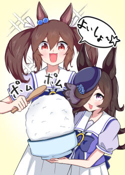 Rule 34 | 2girls, :d, absurdres, animal ears, back bow, blue flower, blue rose, bow, bowl, bowtie, brown hair, ear ornament, flipped hair, flower, hair between eyes, hair over one eye, hat, hat flower, highres, hishi akebono (umamusume), holding, holding bowl, horse ears, horse girl, horseshoe ornament, long hair, looking at viewer, multiple girls, nabe tanuki, open mouth, pleated skirt, puffy short sleeves, puffy sleeves, purple bow, purple bowtie, purple eyes, purple shirt, rice bowl, rice shower (umamusume), rose, sailor collar, sailor shirt, school uniform, shamoji, shirt, short sleeves, simple background, skirt, smile, tilted headwear, tracen school uniform, twintails, umamusume, white skirt, yellow background