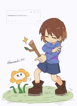 1other boots brown_boots brown_hair closed_eyes commentary_request flowey_(undertale) frisk_(undertale) haru-cho highres holding holding_stick leaf long_sleeves puff_of_air shorts shrugging simple_background smile sparkle standing stick striped_clothes striped_sweater sweater translation_request twitter_username undertale utdr_(toby_fox)