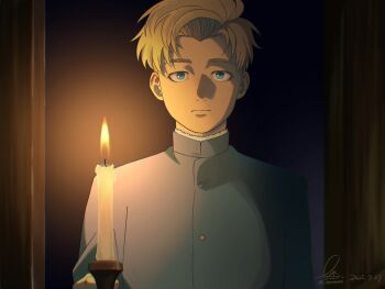 Rule 34 | 1boy, aqua eyes, blonde hair, blue jacket, candle, chi.: chikyuu no undou ni tsuite, closed mouth, commentary, dated, doorway, gold buttons, highres, holding, holding candle, jacket, looking at viewer, male focus, rafal (chi.), short hair, signature, solo, swept bangs, tamanae, twitter username, untranslatable commentary, upper body