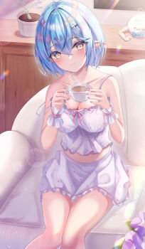 1girl absurdres ahoge applying_manicure armpit_crease bare_shoulders blue_hair blush breasts camisole cleavage closed_mouth collarbone commentary_request couch cup elf fingernails hair_between_eyes hair_ornament heart heart_ahoge highres holding holding_cup hololive indoors knees_together_feet_apart large_breasts matsumoto_yuu midriff nail_polish official_alternate_costume official_alternate_hair_length official_alternate_hairstyle on_couch pillow pink_nails pointy_ears polka_dot polka_dot_camisole polka_dot_skirt sitting skirt sleepwear solo stomach sunlight teacup virtual_youtuber white_camisole white_skirt white_wrist_cuffs wrist_cuffs yellow_eyes yukihana_lamy yukihana_lamy_(roomwear)